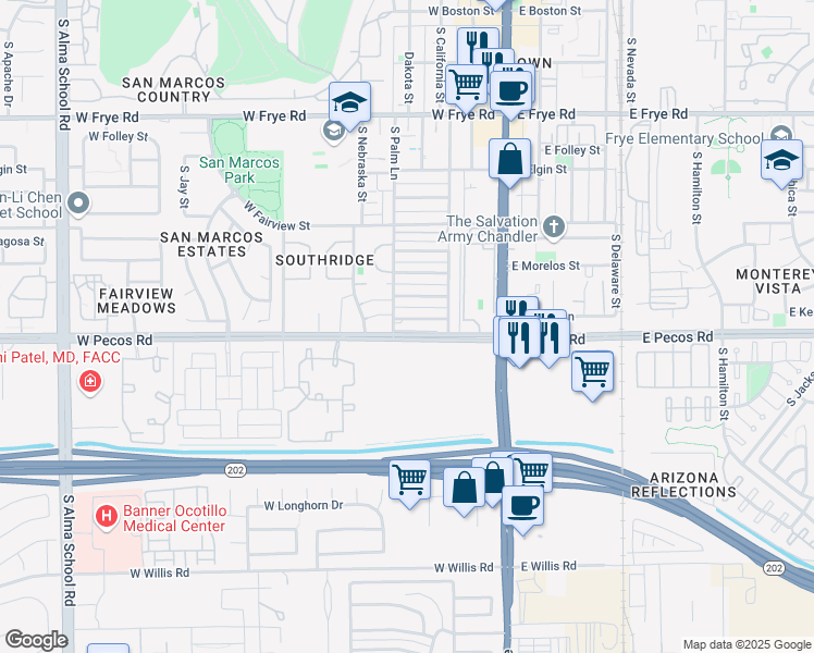 map of restaurants, bars, coffee shops, grocery stores, and more near 815 South Palm Lane in Chandler