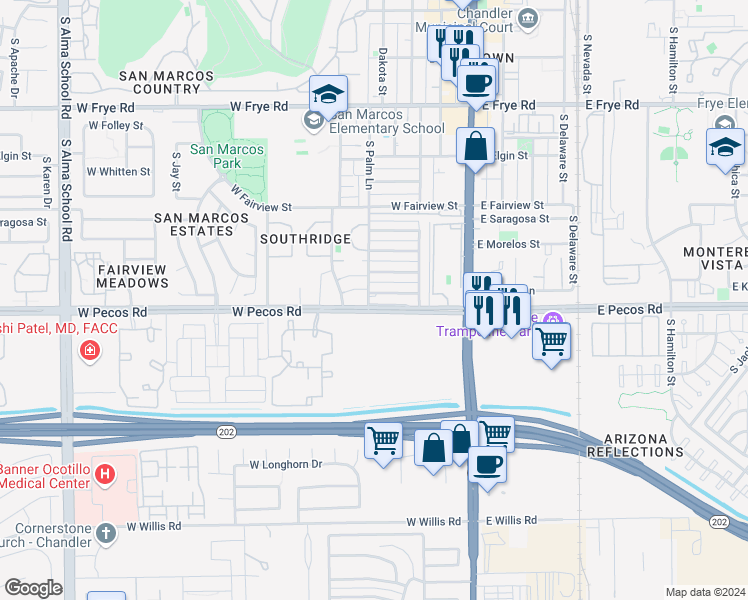 map of restaurants, bars, coffee shops, grocery stores, and more near 815 South Palm Lane in Chandler