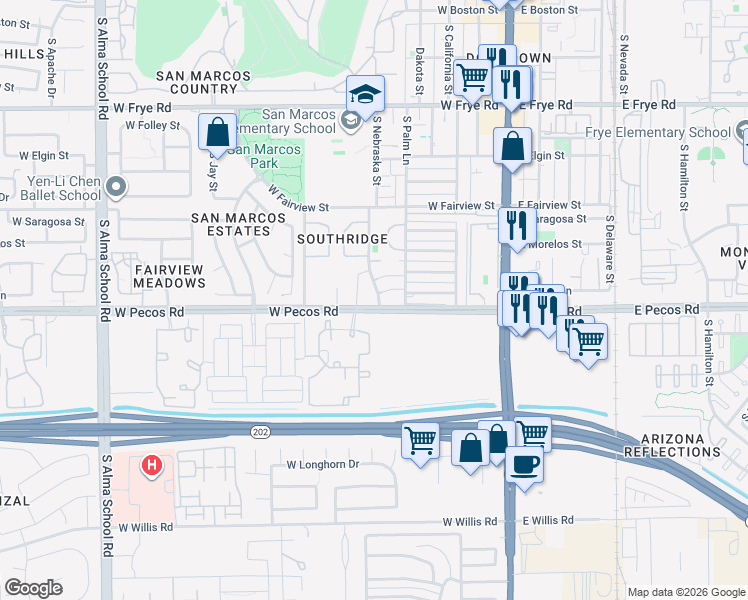 map of restaurants, bars, coffee shops, grocery stores, and more near 876 South Nebraska Street in Chandler