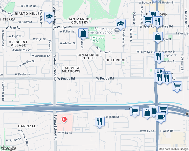 map of restaurants, bars, coffee shops, grocery stores, and more near 900 South Sunset Court in Chandler