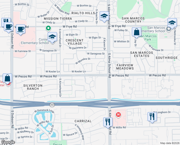 map of restaurants, bars, coffee shops, grocery stores, and more near 873 South Comanche Court in Chandler