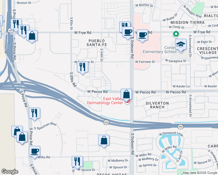 map of restaurants, bars, coffee shops, grocery stores, and more near 901 South 94th Street in Chandler