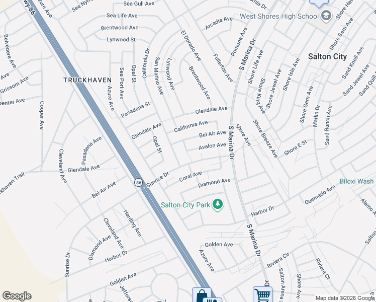 map of restaurants, bars, coffee shops, grocery stores, and more near Avalon Avenue in Salton City