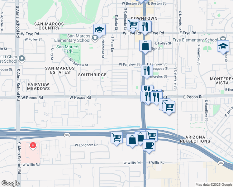 map of restaurants, bars, coffee shops, grocery stores, and more near 815 South Palm Lane in Chandler