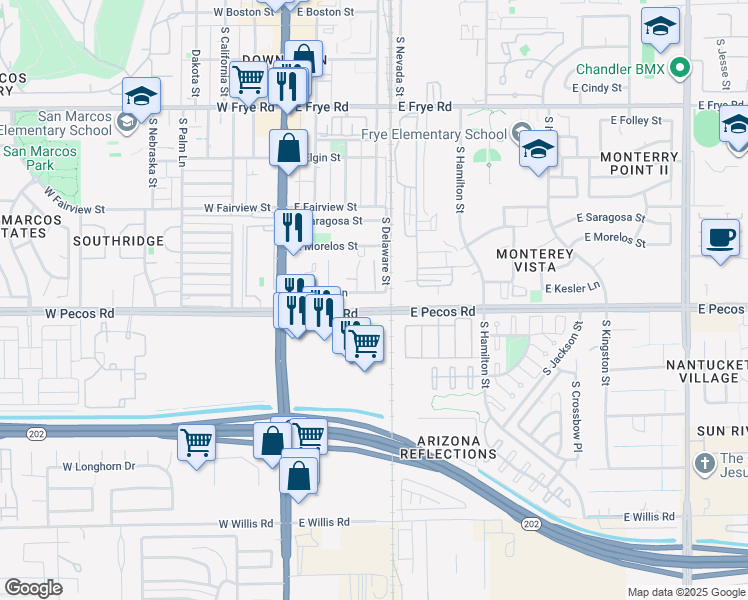 map of restaurants, bars, coffee shops, grocery stores, and more near 290 East Kesler Lane in Chandler