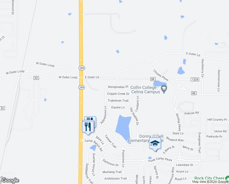 map of restaurants, bars, coffee shops, grocery stores, and more near 308 Cripple Creek Drive in Celina