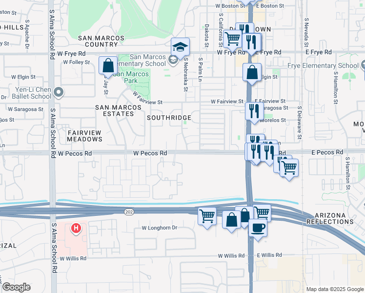 map of restaurants, bars, coffee shops, grocery stores, and more near 876 South Nebraska Street in Chandler