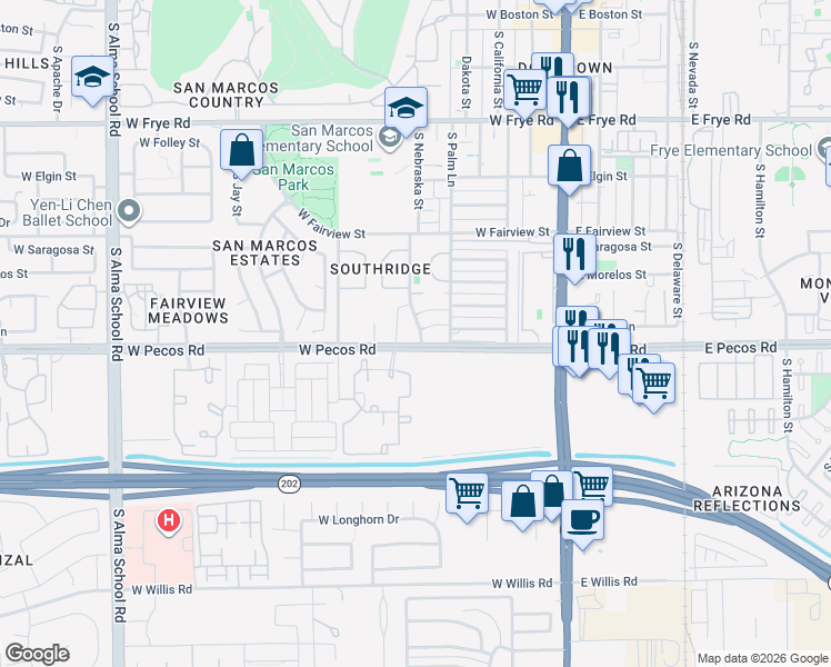 map of restaurants, bars, coffee shops, grocery stores, and more near 876 South Nebraska Street in Chandler