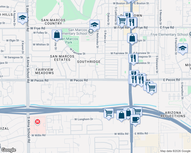 map of restaurants, bars, coffee shops, grocery stores, and more near 876 South Nebraska Street in Chandler