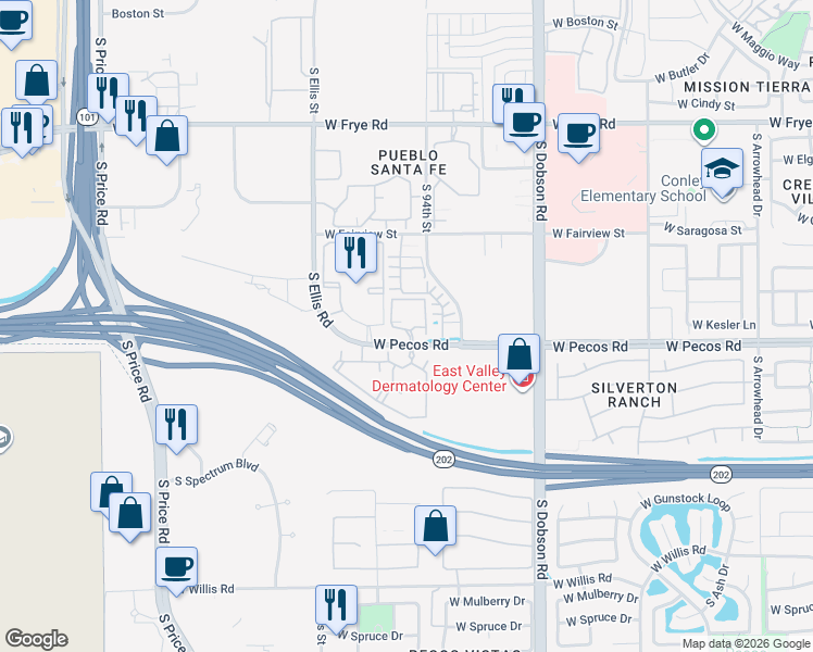 map of restaurants, bars, coffee shops, grocery stores, and more near 2300 West Pecos Road in Chandler
