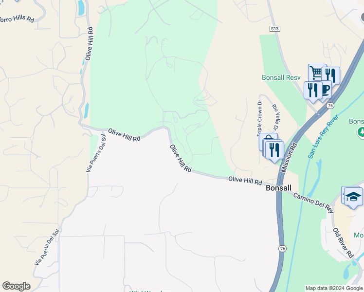 map of restaurants, bars, coffee shops, grocery stores, and more near 5660 Olive Hill Road in Bonsall