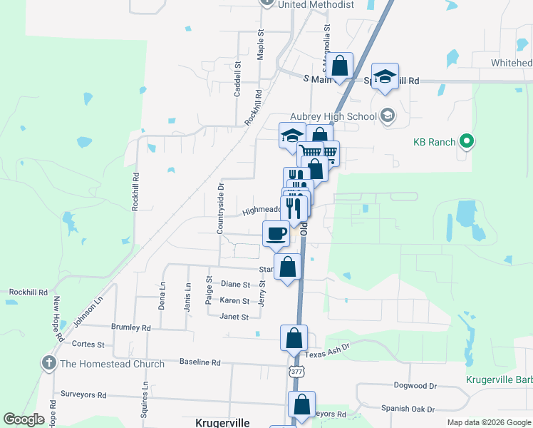 map of restaurants, bars, coffee shops, grocery stores, and more near in Aubrey