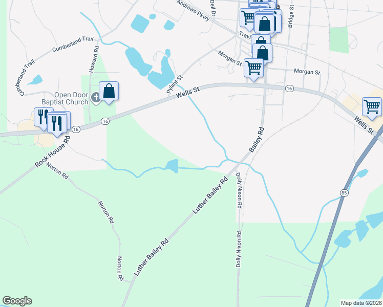map of restaurants, bars, coffee shops, grocery stores, and more near 71 Luther Bailey Road in Senoia