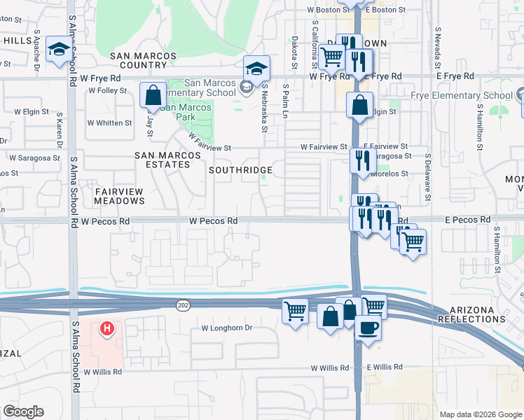 map of restaurants, bars, coffee shops, grocery stores, and more near 876 South Nebraska Street in Chandler