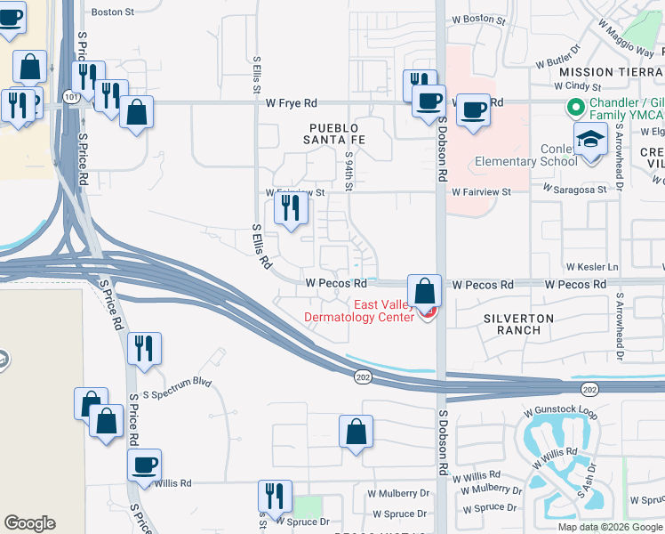 map of restaurants, bars, coffee shops, grocery stores, and more near 2300 West Pecos Road in Chandler