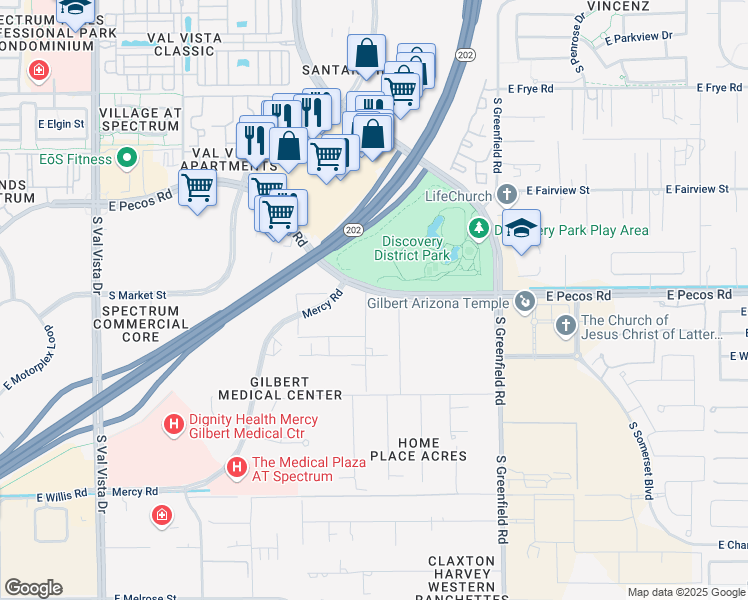 map of restaurants, bars, coffee shops, grocery stores, and more near 2161 East Pecos Road in Gilbert