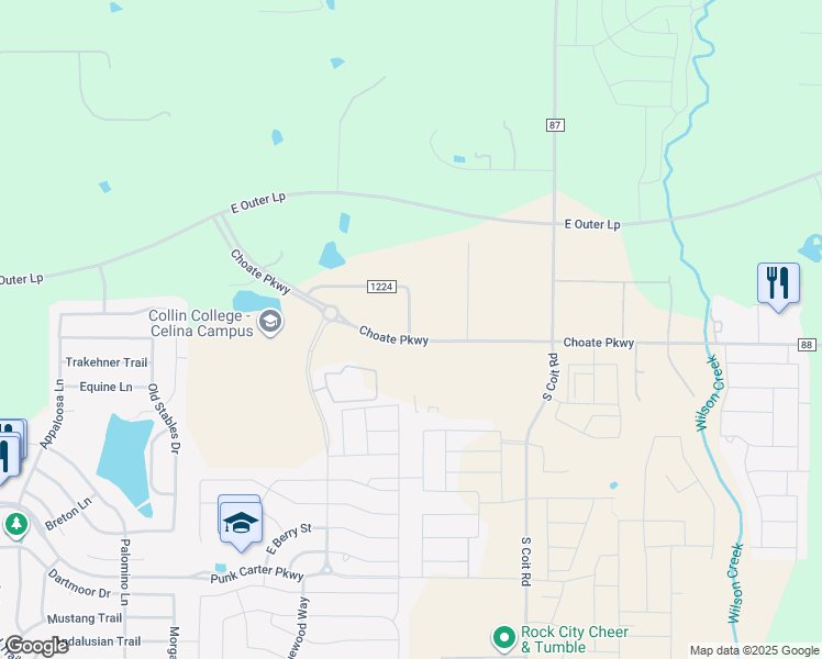 map of restaurants, bars, coffee shops, grocery stores, and more near 1266 County Road 1224 in Celina