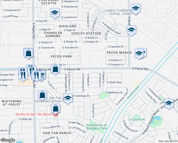 map of restaurants, bars, coffee shops, grocery stores, and more near 17230 East Pecos Road in Gilbert