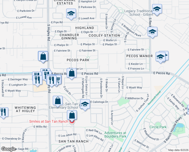 map of restaurants, bars, coffee shops, grocery stores, and more near 17053-17203 East Pecos Road in Gilbert