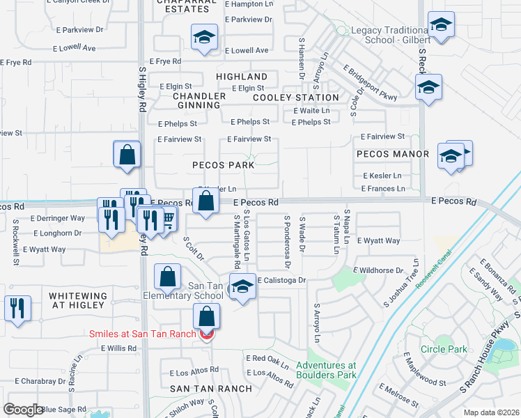 map of restaurants, bars, coffee shops, grocery stores, and more near 3524 East Derringer Way in Gilbert