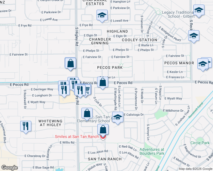 map of restaurants, bars, coffee shops, grocery stores, and more near 3387 East Kesler Lane in Gilbert
