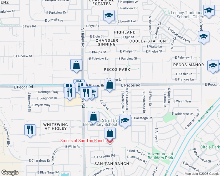 map of restaurants, bars, coffee shops, grocery stores, and more near 3387 East Kesler Lane in Gilbert