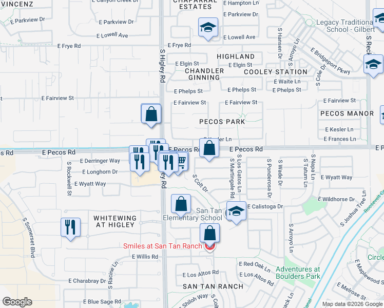 map of restaurants, bars, coffee shops, grocery stores, and more near 3338 East Derringer Way in Gilbert
