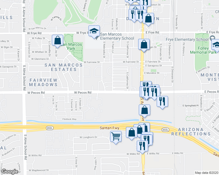 map of restaurants, bars, coffee shops, grocery stores, and more near 870 South Palm Lane in Chandler