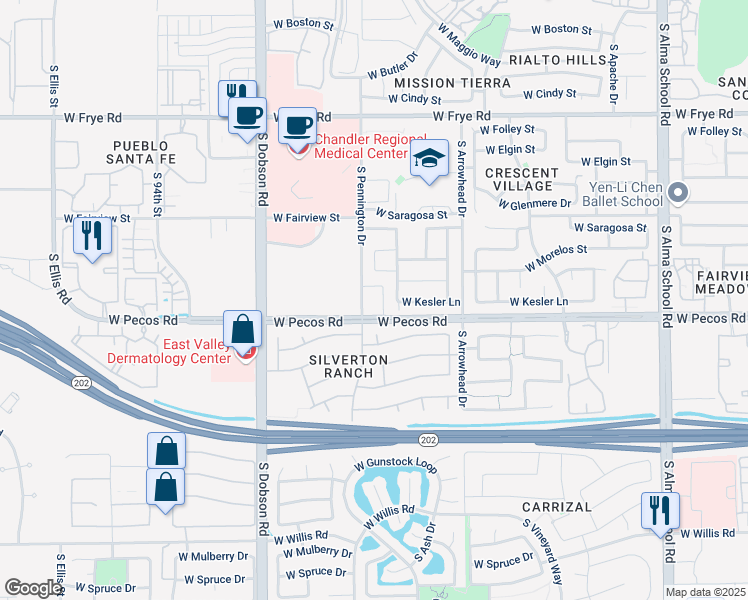 map of restaurants, bars, coffee shops, grocery stores, and more near 977 South Pennington Drive in Chandler