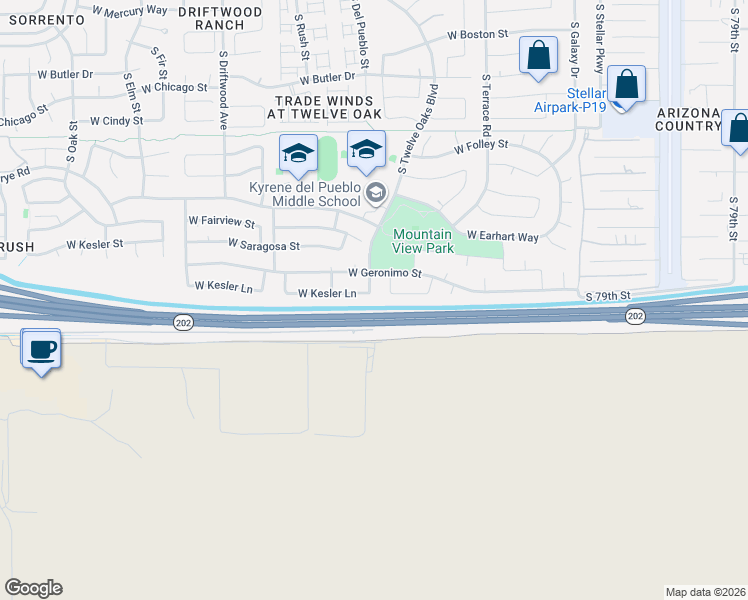 map of restaurants, bars, coffee shops, grocery stores, and more near 841 South Twelve Oaks Boulevard in Chandler