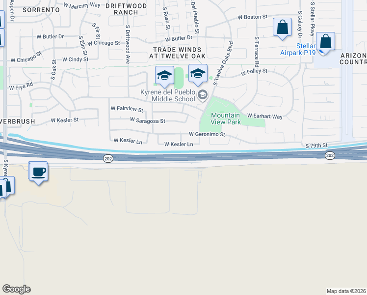 map of restaurants, bars, coffee shops, grocery stores, and more near 5102 West Kesler Lane in Chandler