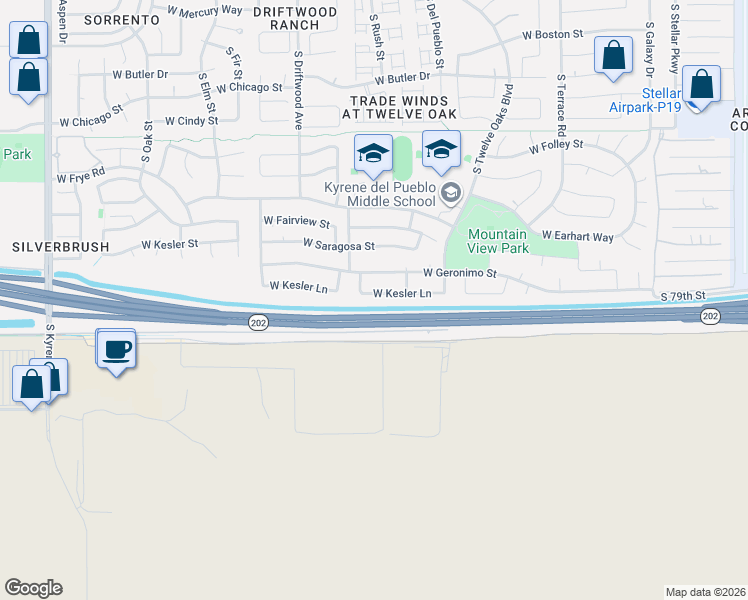 map of restaurants, bars, coffee shops, grocery stores, and more near 5212 West Kesler Lane in Chandler