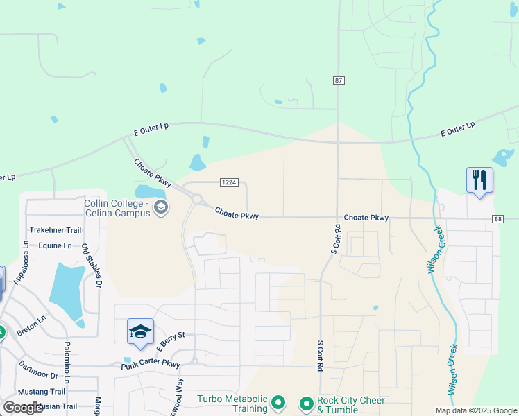 map of restaurants, bars, coffee shops, grocery stores, and more near 1262 County Road 1224 in Celina