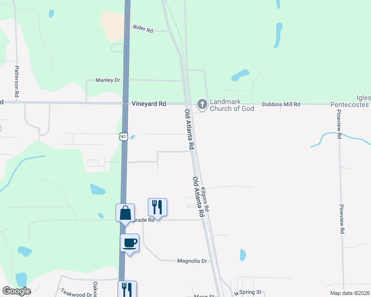 map of restaurants, bars, coffee shops, grocery stores, and more near 2407 Old Atlanta Road in Griffin