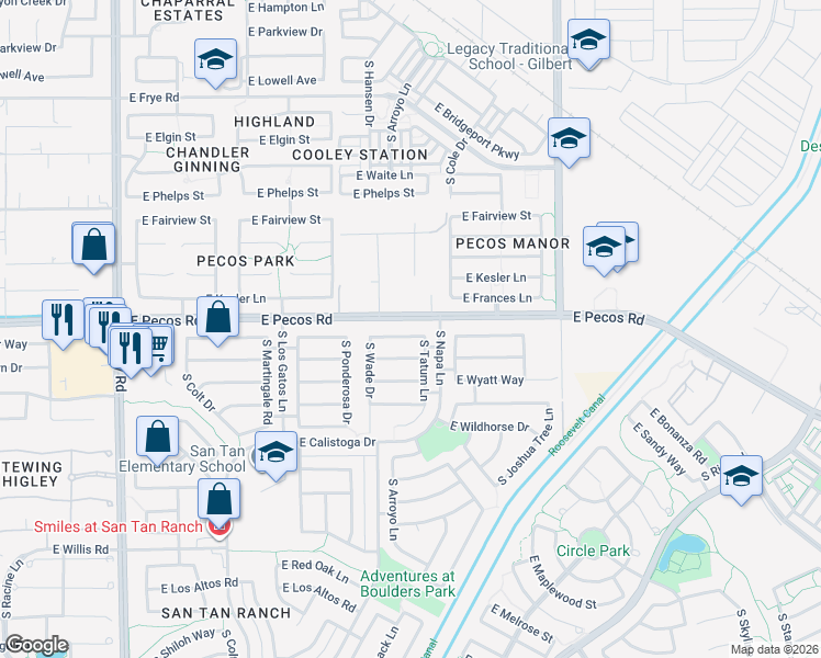 map of restaurants, bars, coffee shops, grocery stores, and more near 3724 East Derringer Way in Gilbert