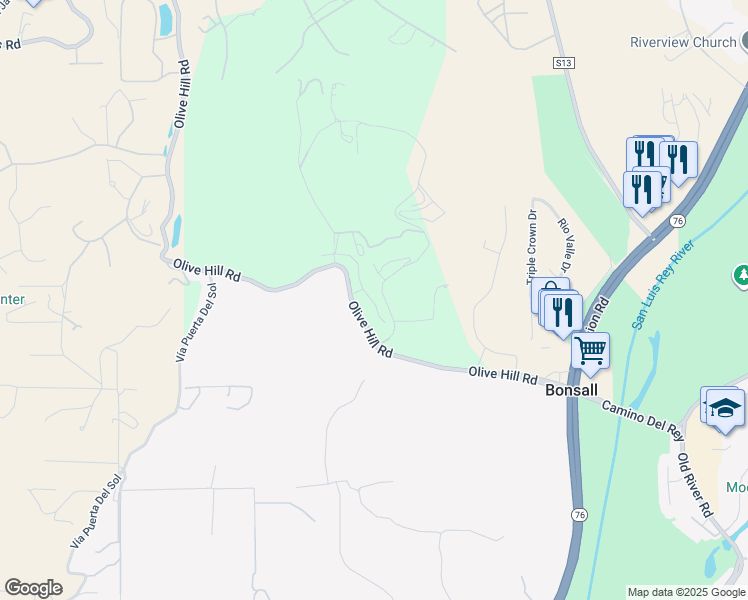 map of restaurants, bars, coffee shops, grocery stores, and more near 5660 Olive Hill Road in Bonsall