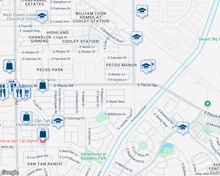 map of restaurants, bars, coffee shops, grocery stores, and more near 3870 East Derringer Way in Gilbert