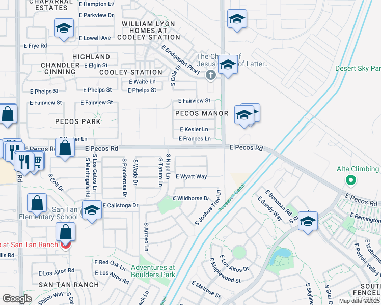 map of restaurants, bars, coffee shops, grocery stores, and more near 3870 East Derringer Way in Gilbert