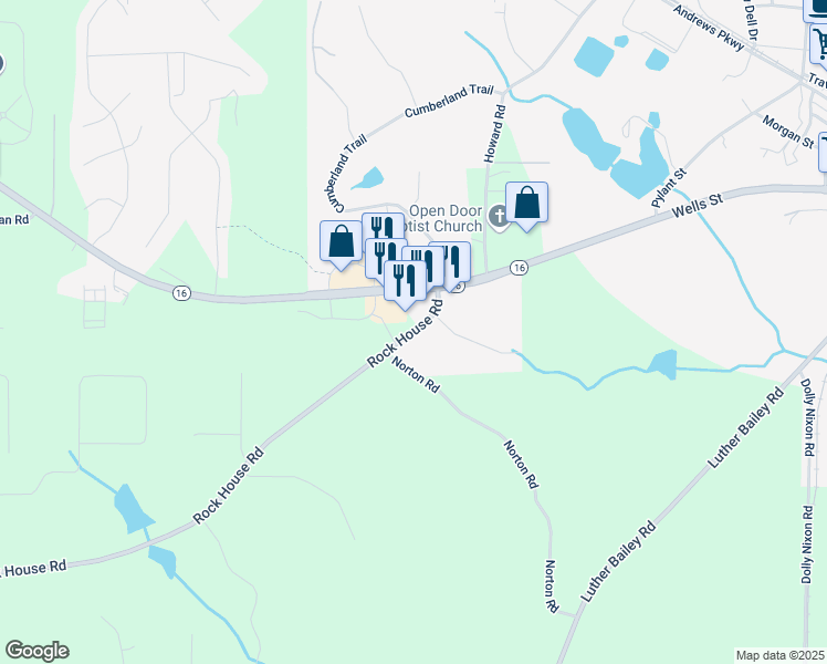map of restaurants, bars, coffee shops, grocery stores, and more near 126 Rock House Road in Senoia