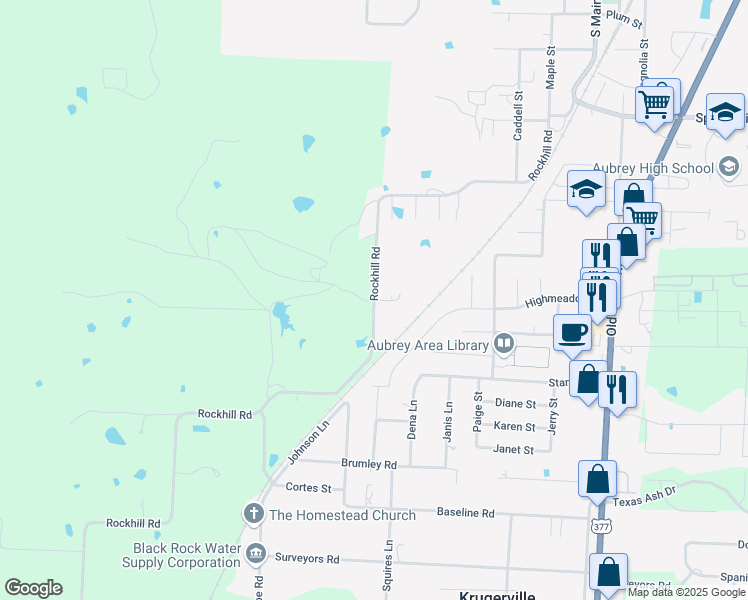 map of restaurants, bars, coffee shops, grocery stores, and more near Rockhill Road in Aubrey