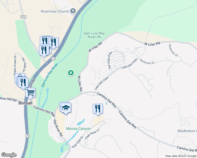 map of restaurants, bars, coffee shops, grocery stores, and more near 5462 Starlight Place in Bonsall