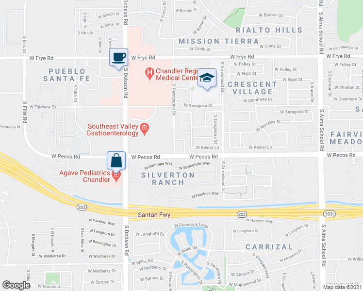 map of restaurants, bars, coffee shops, grocery stores, and more near 977 South Pennington Drive in Chandler