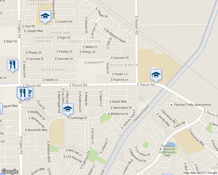 map of restaurants, bars, coffee shops, grocery stores, and more near 3814 East Derringer Way in Gilbert