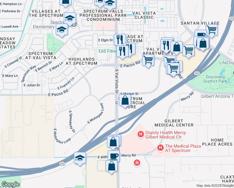 map of restaurants, bars, coffee shops, grocery stores, and more near S Val Vista Dr & S Market St in Gilbert