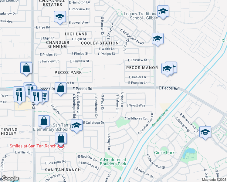 map of restaurants, bars, coffee shops, grocery stores, and more near 3724 East Derringer Way in Gilbert