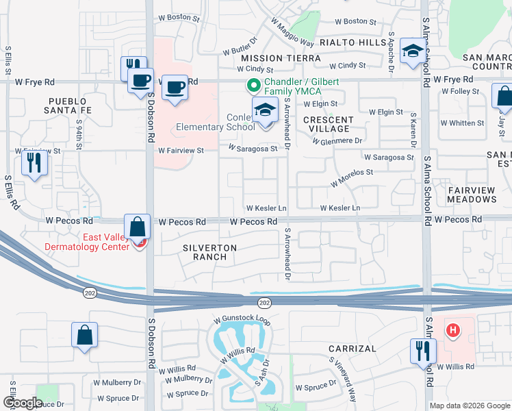 map of restaurants, bars, coffee shops, grocery stores, and more near 1645 West Geronimo Street in Chandler