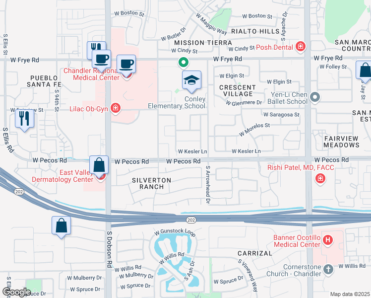 map of restaurants, bars, coffee shops, grocery stores, and more near 1645 West Geronimo Street in Chandler