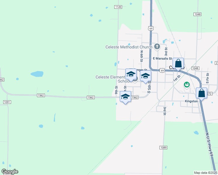 map of restaurants, bars, coffee shops, grocery stores, and more near 6175 County Road 1149 in Celeste