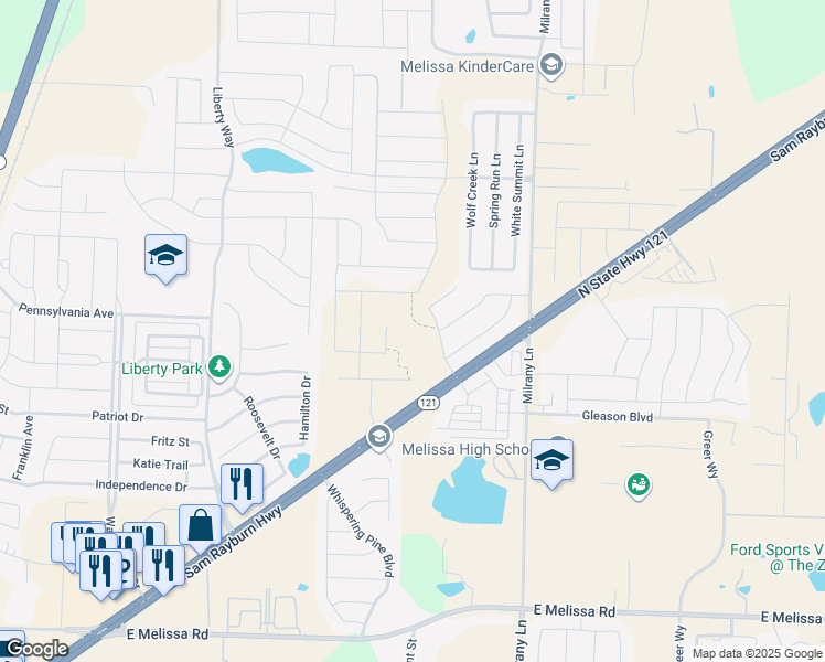 map of restaurants, bars, coffee shops, grocery stores, and more near 3311 Milrany Lane in Melissa