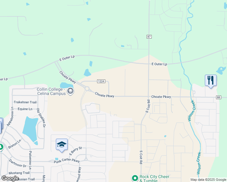 map of restaurants, bars, coffee shops, grocery stores, and more near 1266 County Road 1224 in Celina
